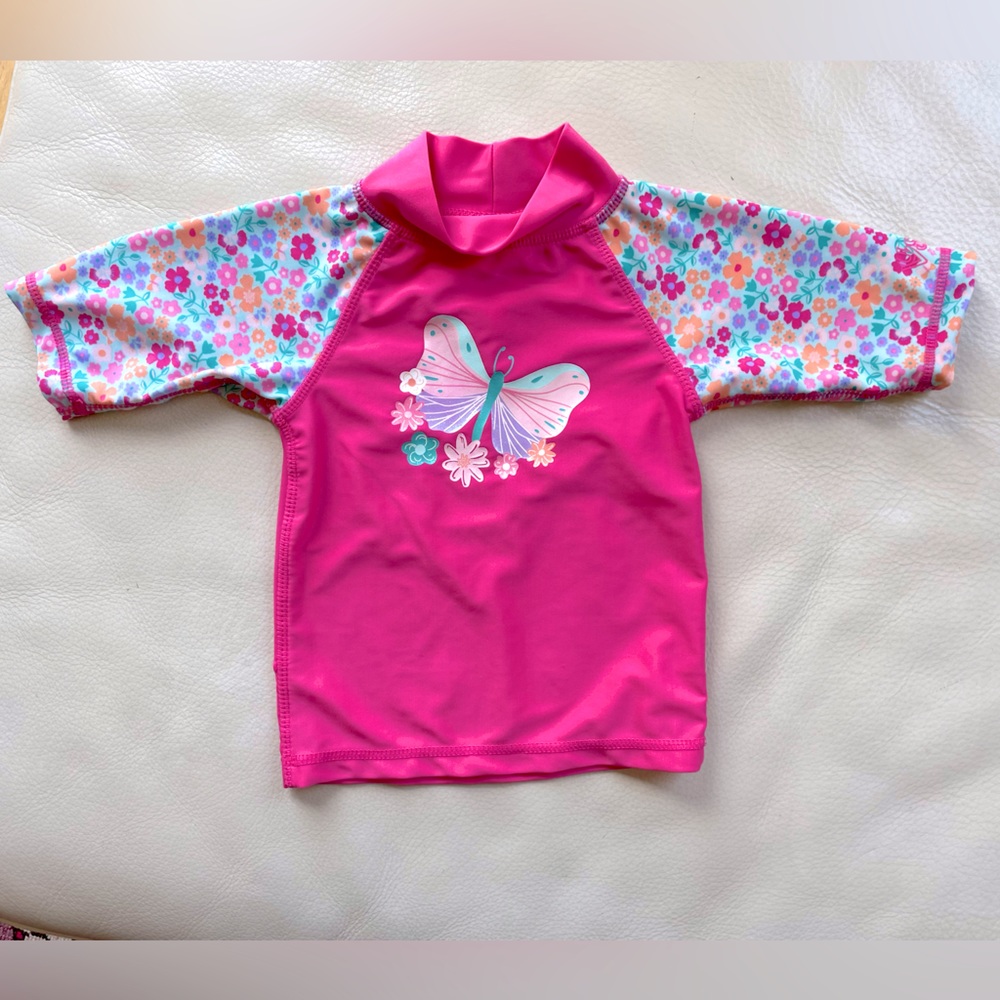 2T UV Skinz UPF 50+ Rashguard, 3/4 Raglan Sleeve, Butterfly Floral, Bright Pink - Picture 2 of 8